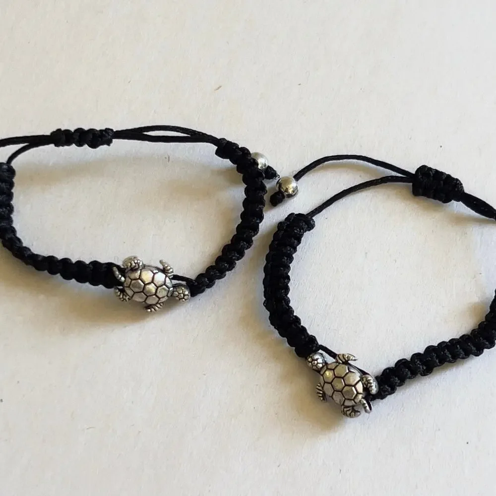 Turtle Black Adjustable Bracelet Silver Tone Charm Children's Size Handmade